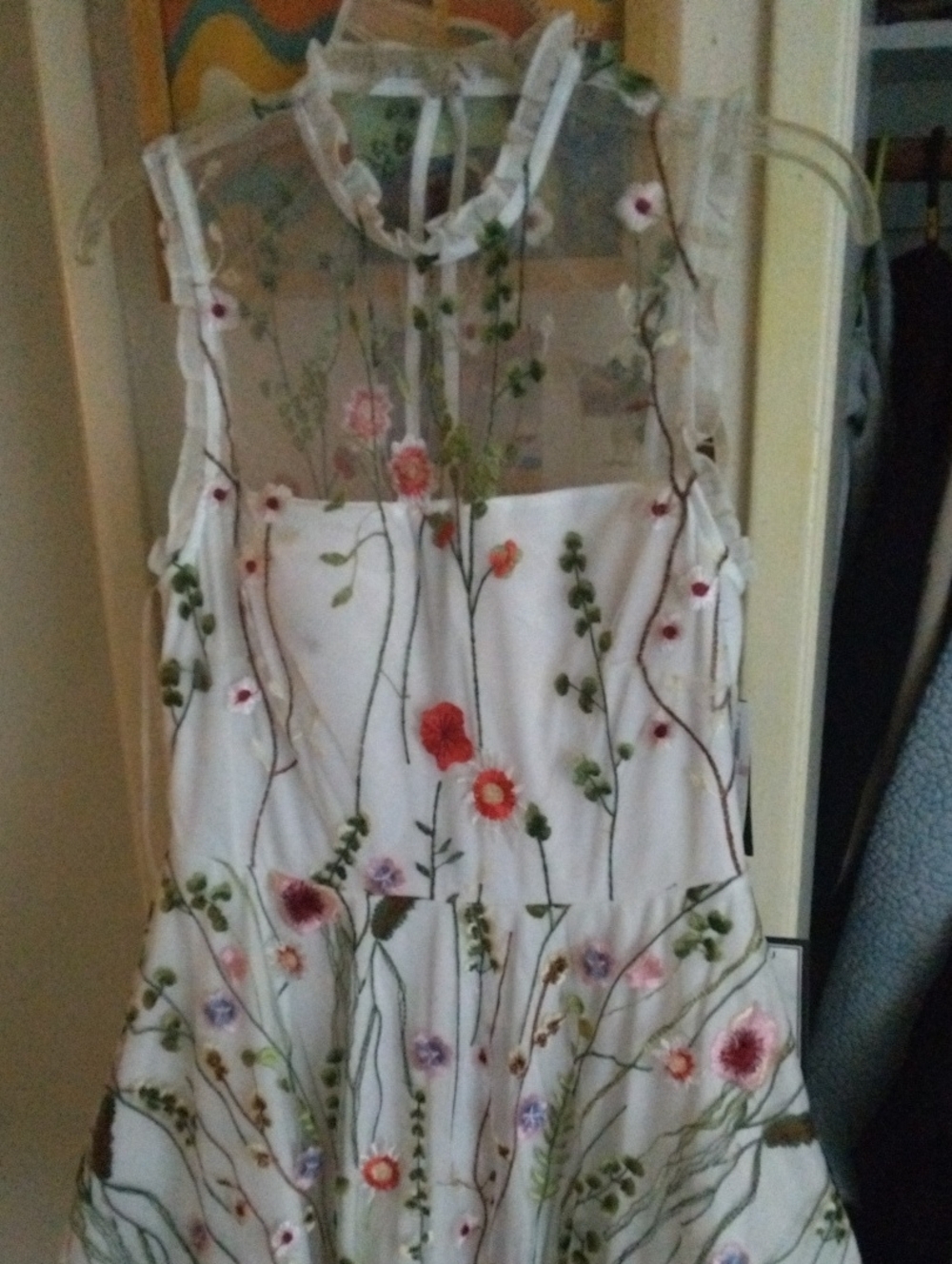 Macy's White Sleeveless Midi Dress with Multicolor Floral Embroidery